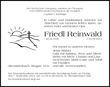 Traueranzeige von Friedl Reinwald von Hersbrucker Zeitung