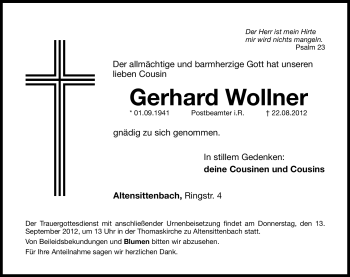 Traueranzeige von Gerhard Wollner von Hersbrucker Zeitung
