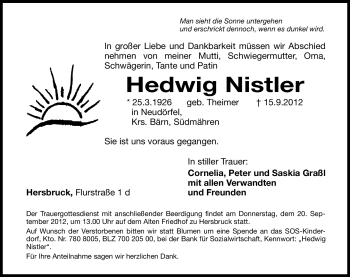 Traueranzeige von Hedwig Nistler von Hersbrucker Zeitung