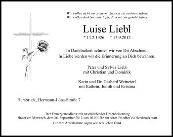 Traueranzeige von Luise Liebl von Hersbrucker Zeitung