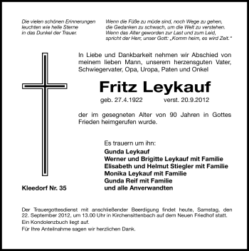 Traueranzeige von Fritz Leykauf von Hersbrucker Zeitung