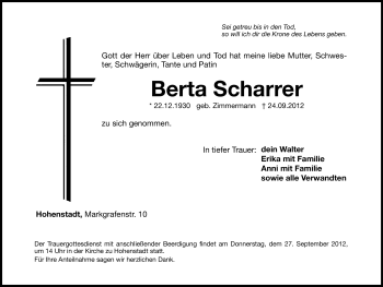 Traueranzeige von Berta Scharrer von Hersbrucker Zeitung