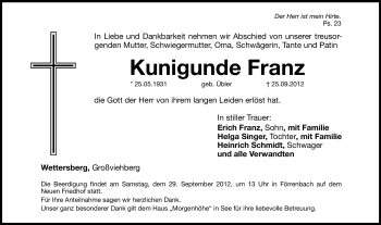 Traueranzeige von Kunigunde Franz von Hersbrucker Zeitung
