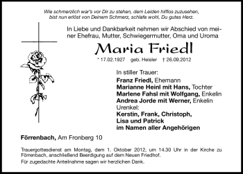 Traueranzeige von Maria Friedl von Hersbrucker Zeitung