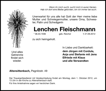 Traueranzeige von Lenchen Fleischmann von Hersbrucker Zeitung