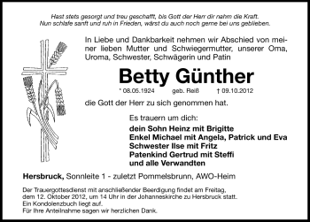 Traueranzeige von Betty Günther von Hersbrucker Zeitung