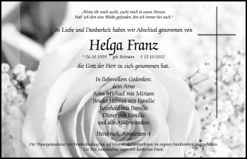 Traueranzeige von Helga Franz von Hersbrucker Zeitung
