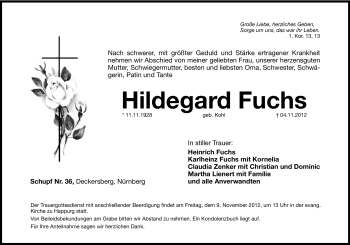 Traueranzeige von Hildegard Fuchs von Hersbrucker Zeitung