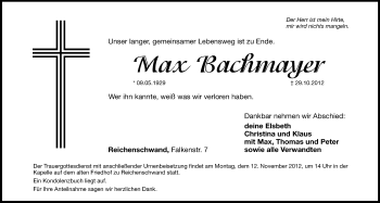 Traueranzeige von Max Bachmayer von Hersbrucker Zeitung
