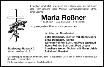 Traueranzeige von Maria Roßner von Hersbrucker Zeitung
