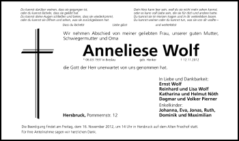 Traueranzeige von Anneliese Wolf von Hersbrucker Zeitung