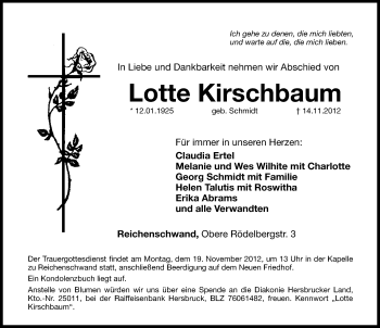 Traueranzeige von Lotte Kirschbaum von Hersbrucker Zeitung