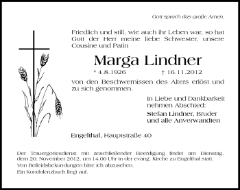 Traueranzeige von Marga Lindner von Hersbrucker Zeitung