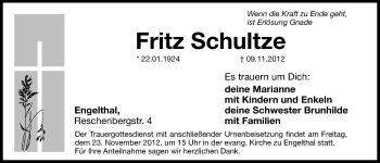 Traueranzeige von Fritz Schultze von Hersbrucker Zeitung