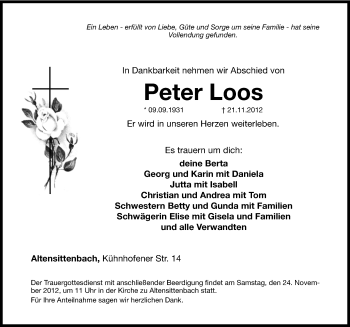 Traueranzeige von Peter Loos von Hersbrucker Zeitung