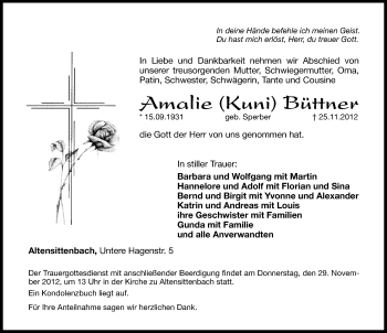 Traueranzeige von Amalie Büttner von Hersbrucker Zeitung