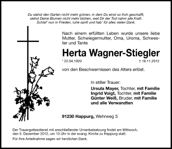 Traueranzeige von Herta Wagner-Stiegler von Hersbrucker Zeitung