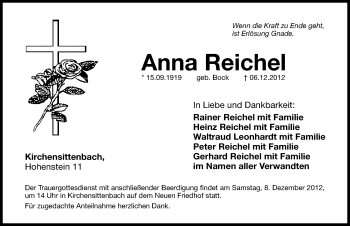 Traueranzeige von Anna Reichel von Hersbrucker Zeitung