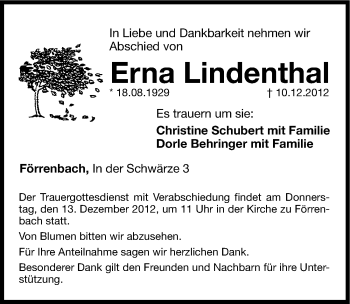Traueranzeige von Erna Lindenthal von Hersbrucker Zeitung