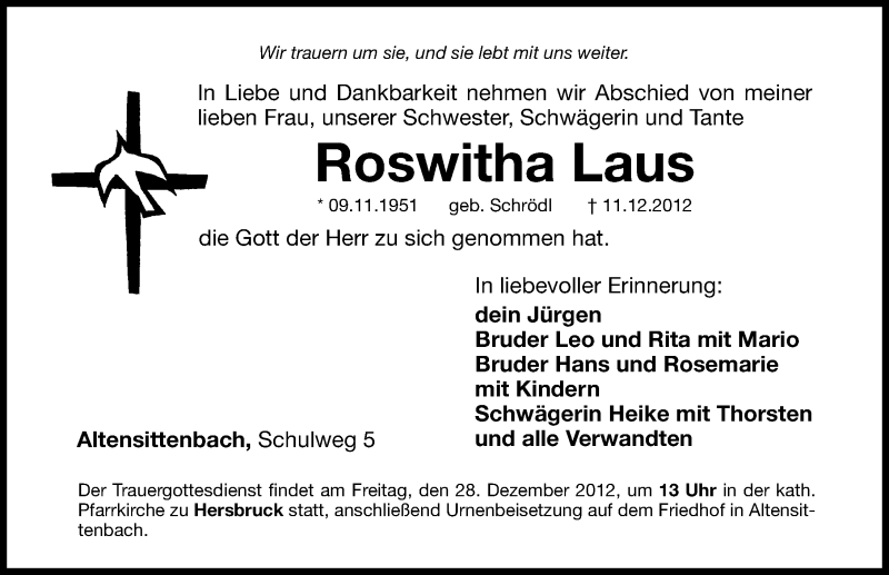  Traueranzeige für Roswitha Laus vom 22.12.2012 aus Hersbrucker Zeitung