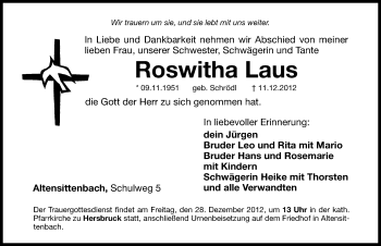 Traueranzeige von Roswitha Laus von Hersbrucker Zeitung