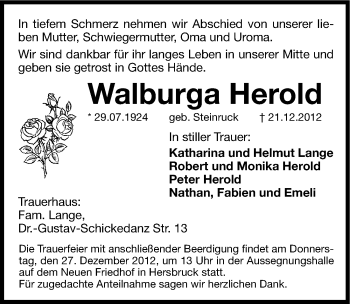 Traueranzeige von Walburga Herold von Hersbrucker Zeitung