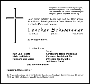Traueranzeige von Lenchen Schwemmer von Hersbrucker Zeitung