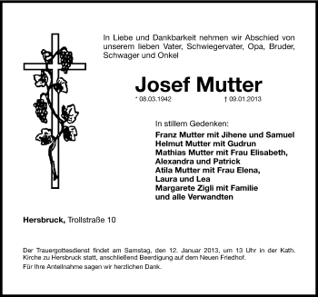 Traueranzeige von Josef Mutter von Hersbrucker Zeitung
