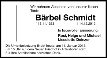 Traueranzeige von Bärbel Schmidt von Hersbrucker Zeitung