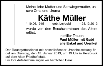 Traueranzeige von Käthe Müller von Hersbrucker Zeitung