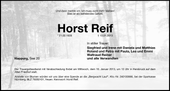 Traueranzeige von Horst Reif von Hersbrucker Zeitung