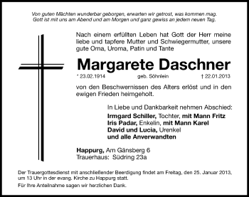 Traueranzeige von Margarete Daschner von Hersbrucker Zeitung