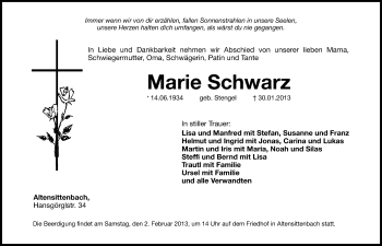 Traueranzeige von Marie Schwarz von Hersbrucker Zeitung