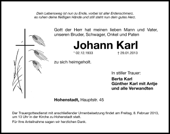 Traueranzeige von Johann Karl von Hersbrucker Zeitung