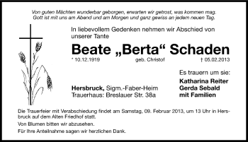 Traueranzeige von Beate Schaden von Hersbrucker Zeitung