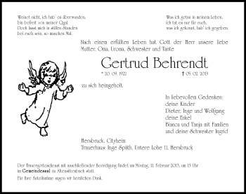 Traueranzeige von Gertrud Behrendt von Hersbrucker Zeitung