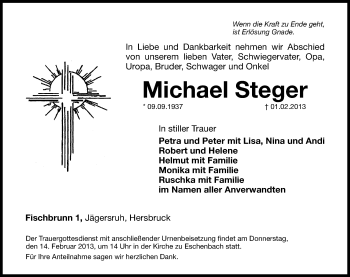 Traueranzeige von Michael Steger von Hersbrucker Zeitung