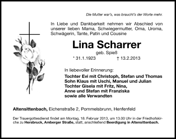 Traueranzeige von Lina Scharrer von Hersbrucker Zeitung