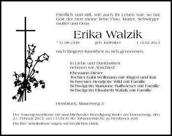 Traueranzeige von Erika Walzik von Hersbrucker Zeitung