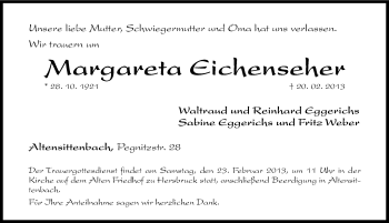 Traueranzeige von Margareta Eichenseher von Hersbrucker Zeitung