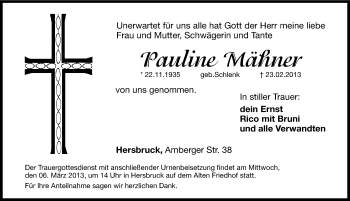 Traueranzeige von Pauline Mähner von Hersbrucker Zeitung