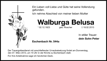 Traueranzeige von Walburga Belusa von Hersbrucker Zeitung