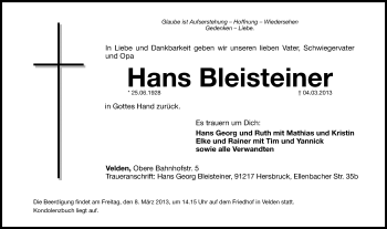 Traueranzeige von Hans Bleisteiner von Hersbrucker Zeitung