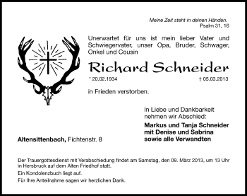 Traueranzeige von Richard Schneider von Hersbrucker Zeitung