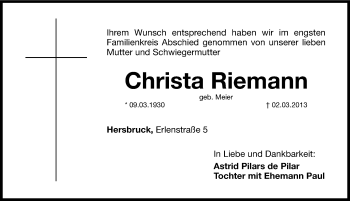 Traueranzeige von Christa Riemann von Hersbrucker Zeitung