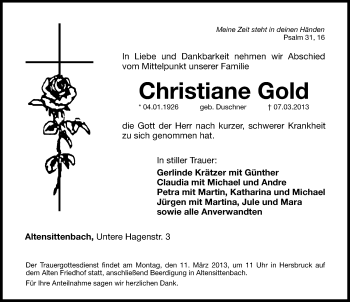 Traueranzeige von Christiane Gold von Hersbrucker Zeitung