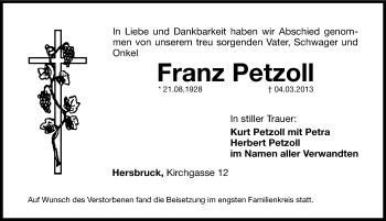 Traueranzeige von Franz Petzoll von Hersbrucker Zeitung