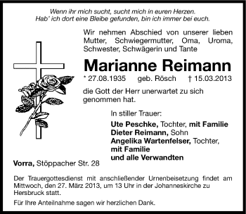 Traueranzeige von Marianne Reimann von Hersbrucker Zeitung
