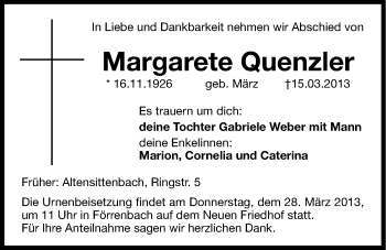 Traueranzeige von Margarete Quenzler von Hersbrucker Zeitung