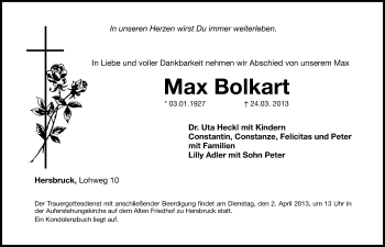 Traueranzeige von Max Bolkart von Hersbrucker Zeitung